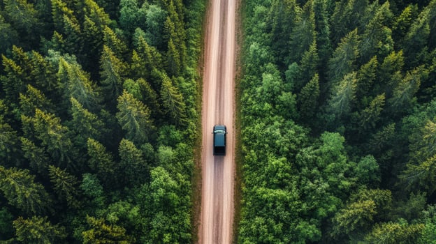 A black pickup truck navigates a winding dirt road through a lush green forest, kicking up dust on its journey through the captivating beauty and tranquility of the natural landscape photo