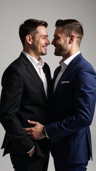 Exquisite studio portrait of gay couple using cinematic lighting against simple background photo