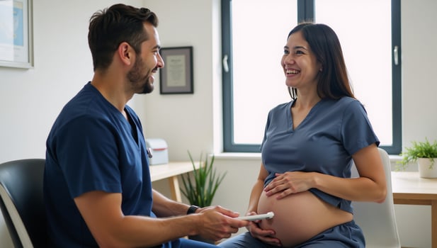 Doctor offers advice to expectant mother in a luminous contemporary clinic photo