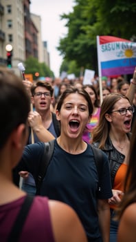 At a solidarity march participants display LGBTQ Gay Pride flags photo
