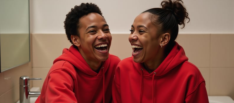 Young AfricanAmerican couple in matching red hoodies share a joyful laugh in a bathroom photo