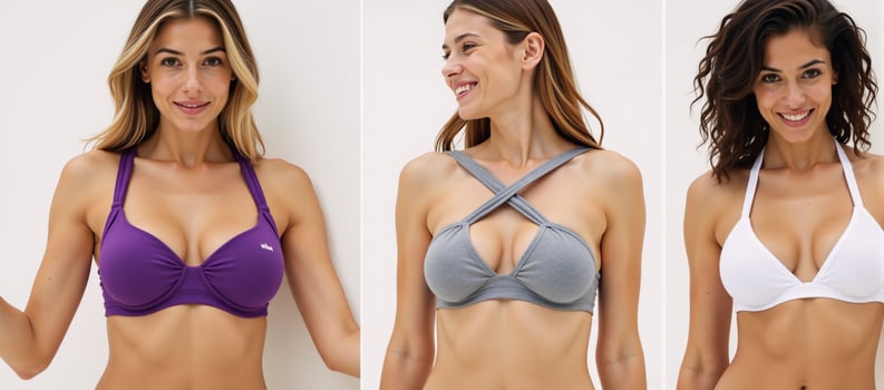 Three women wear stylish sporty bras designed to highlight the chest and waist ideal for summer or swimwear styles photo