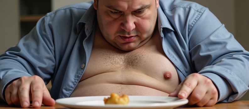 Obese man resists consuming highcalorie foods photo