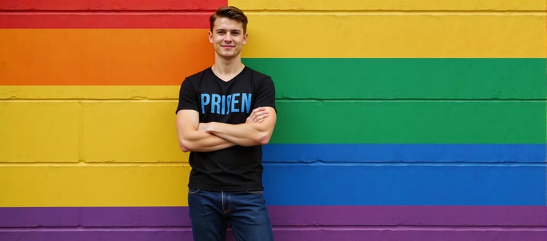 A gay boy proudly displays his personality alongside a vibrant LGBTQ themed backdrop that emphasizes equal rights and a progressive attitude photo