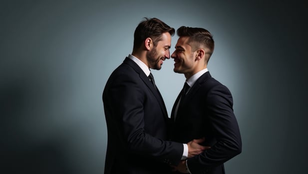 Exquisite studio portrait of gay couple using cinematic lighting against simple background photo