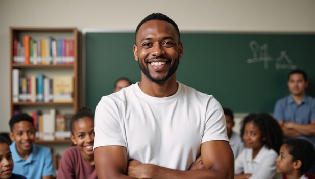 A joyful Black teacher surrounded by his students photo