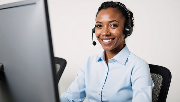 A friendly AfricanAmerican woman offers help via headset during customer service interaction photo