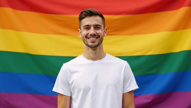 Young gay man showcases pride and identity in blank Tshirt before vibrant gay rainbow flag photo