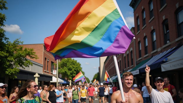 A colorful scene at a vibrant street during a gay pride parade showcasing waving rainbow flags against natural light photo