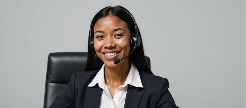 Young AfricanAmerican call center operator wearing headset in isolation photo