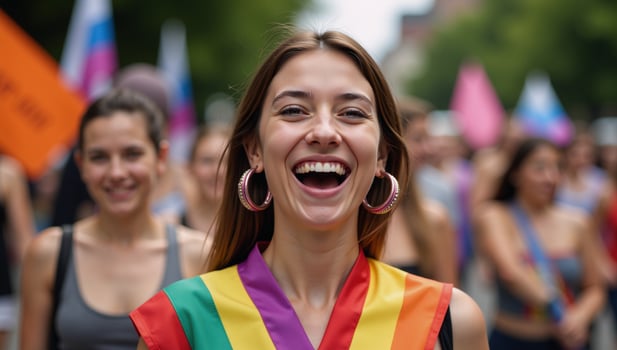 Portrait of smiling woman with rainbow accessories at LGBTQIA Equality March photo