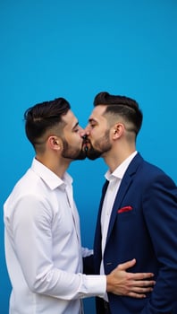 A heartfelt romantic moment between two men set against a striking blue backdrop photo