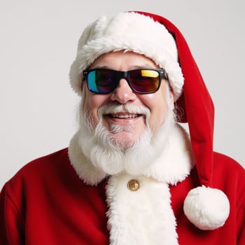 Portrait of a cheerful rainbowspectacled Gay Santa in holiday attire Red HatCoat photo