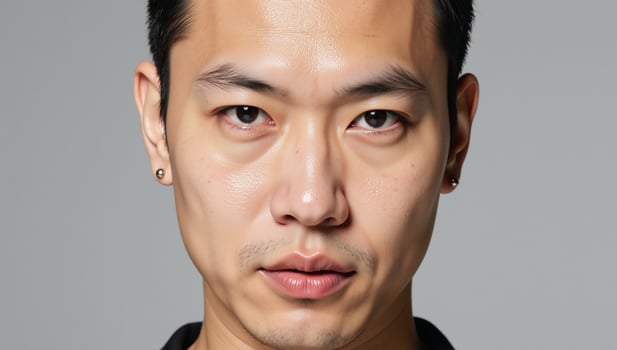 Closeup portrait of an Asian transgender man with red lipstick and earrings photo