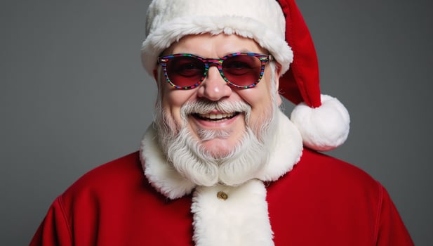 Portrait of a cheerful rainbowspectacled Gay Santa in holiday attire Red HatCoat photo