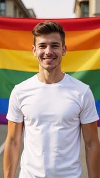 Young gay man showcases pride and identity in blank Tshirt before vibrant gay rainbow flag photo