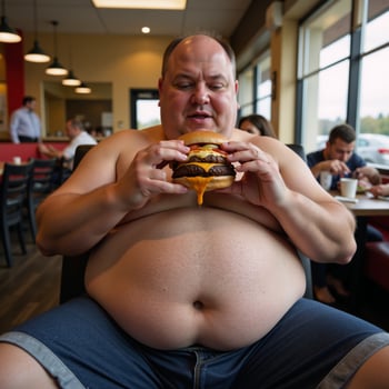 Obese man eating burger in chair Furinspired comical illustration photo