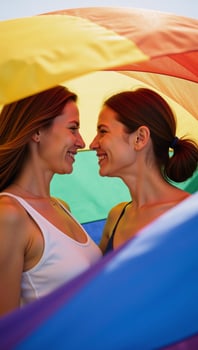 Mature lesbian couple embracing under Gay Pride rainbow flag amidst radiant sunlight Artwork photo
