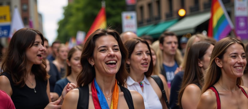 At a solidarity march participants display LGBTQ Gay Pride flags photo