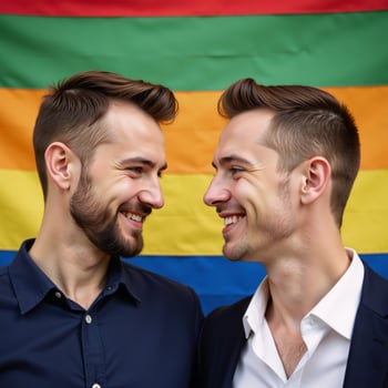 Two gay men lock eyes before the iconic Rainbow Flag photo