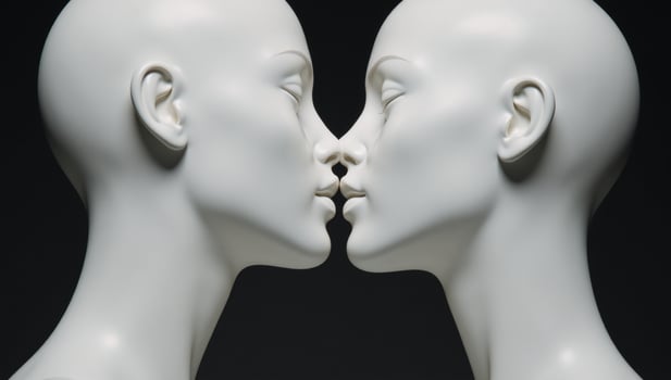 Intimate closeup two feminine mannequins sharing a gentle kiss in minimalist portrayal of romantic affection between women photo