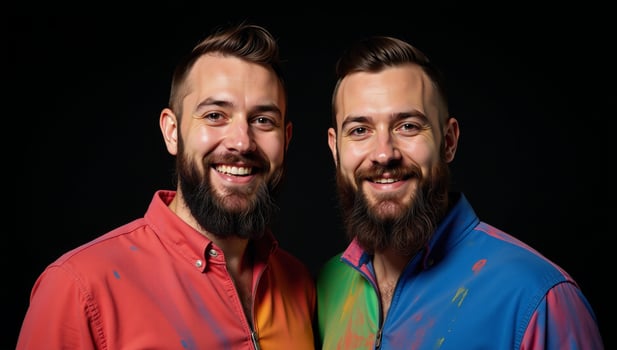 Black White portrait showcases a vibrant colorfully dressed gay couple posing playfully with paint on their faces against a stark black backdrop photo