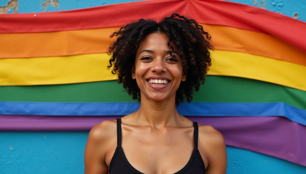 A vibrant Pridethemed portrait showcases a confident black transgender woman celebrating her identity photo