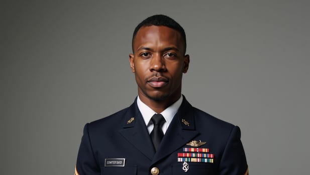 Angled portrait showcases resilient African American soldier in military uniform photo