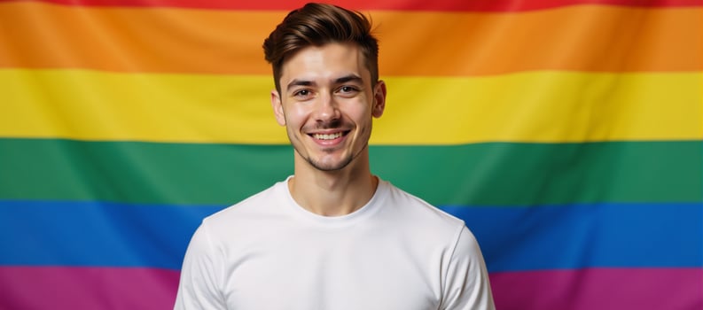 Young gay man showcases pride and identity in blank Tshirt before vibrant gay rainbow flag photo