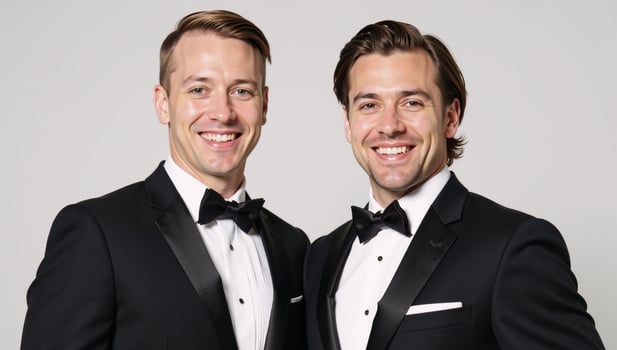 Two grooming muscular grooms one blonde the other brunette both sporting tuxedos smiles photo