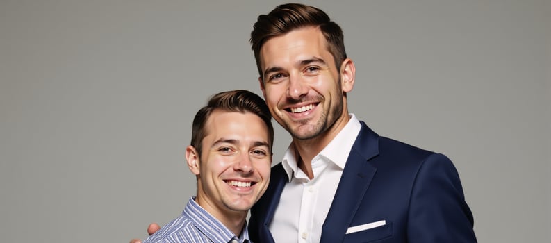 Two handsome individuals depicted as a loving couple stand proudly together in a stylish studio setting photo