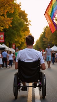 Disabled gay individual in wheelchair celebrating Pride Month at a colorful summer festival surrounded by autumn leaves and golden sunlight while waving the Rainbow Flag photo