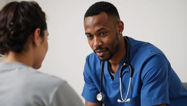 AfricanAmerican male doctor examines patient during consultation at clinic photo
