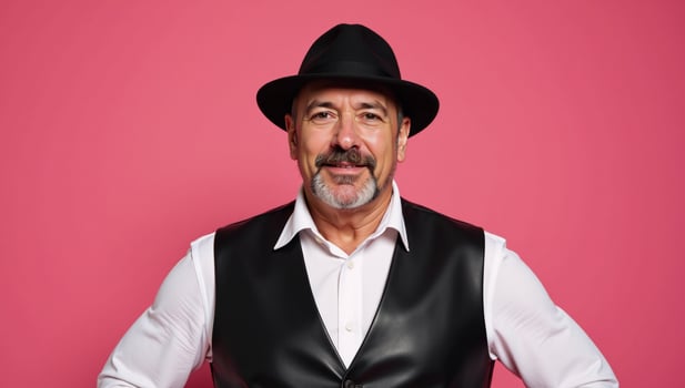 Studio portrait features strong 50year old man in leather vest beard gray hair with cap against a pink backdrop includes empty space for added text photo