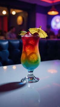 A colorful Gay Pride cocktail adorned with fruit and an umbrella sits atop a chic table surrounded by the energy of a dimly lit dance club photo