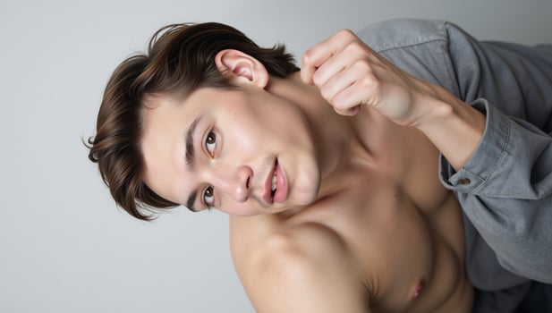 Portrait showcasing a stylish young openlygay individual against minimal background photo