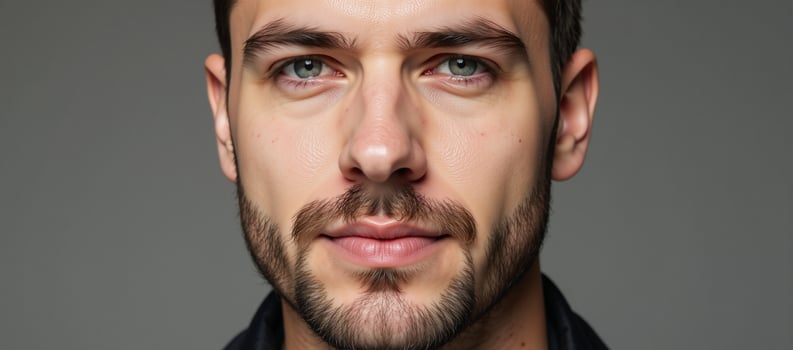 Closeup portrait of Caucasian bearded gay man wearing red lipstick with metrosexual aesthetic in a horizontal composition against an LGBTQ background photo