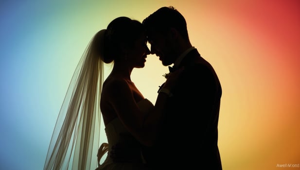 A romantic lovefilled scene showcasing an elegant African American bride and groom as silhouettes surrounded by vivid colors photo