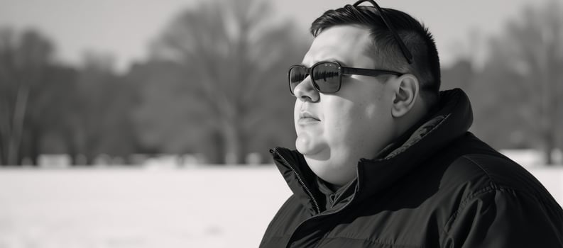 A large man dressed casually with a winter coat and sunglasses photo
