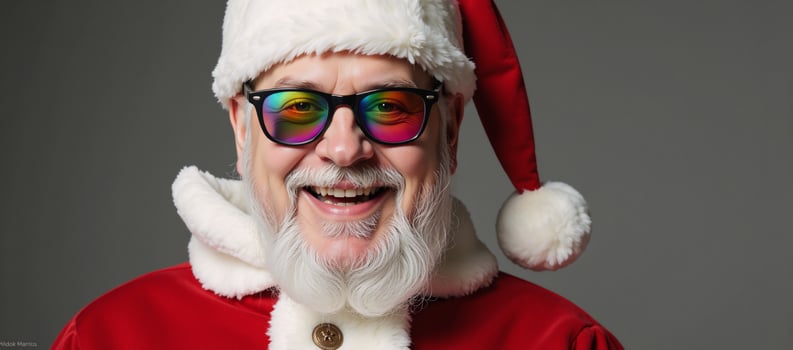 Portrait of a cheerful rainbowspectacled Gay Santa in holiday attire Red HatCoat photo