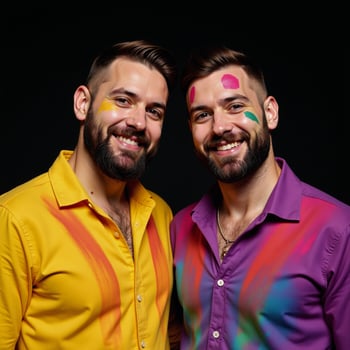 Black White portrait showcases a vibrant colorfully dressed gay couple posing playfully with paint on their faces against a stark black backdrop photo