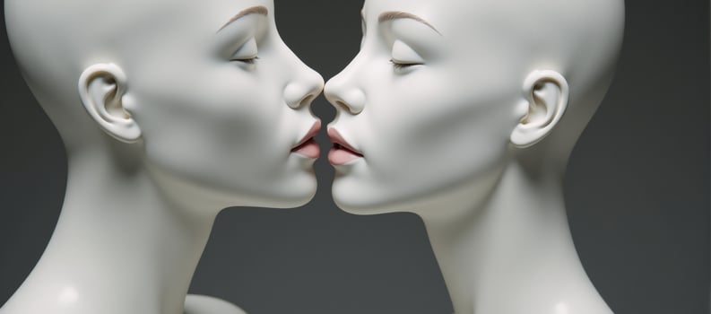 Intimate closeup two feminine mannequins sharing a gentle kiss in minimalist portrayal of romantic affection between women photo