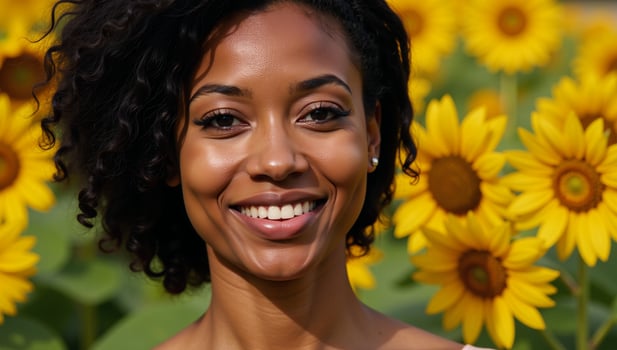 AfricanAmerican woman depicted as a stylish fashion model posing in front of vibrant blooming sunflowers during the Spring season photo