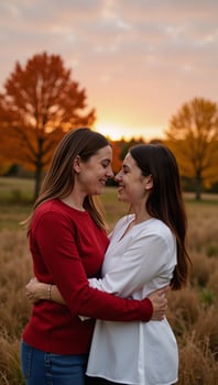 Mixed lesbian couple embracing tenderly during an autumn sunset romance in nature Stock Image photo