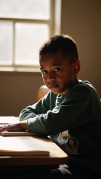 An AfricanAmerican boy with a distraught look sits in daylight casting a warm glow on his troubled expression within a school setting photo