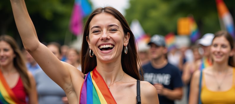 Portrait of smiling woman with rainbow accessories at LGBTQIA Equality March photo
