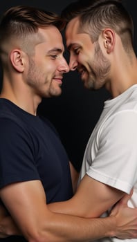Portrait illustration showcasing an artistic depiction of two men lovingly embracing each others faces photo