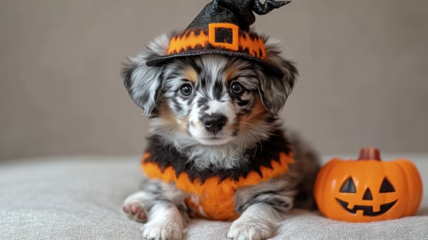 A cheerful puppy in an orange and black witch costume is celebrating Halloween photo