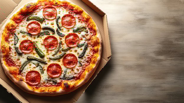 Savor the tempting aroma of freshly baked pizza topped with pepperoni and green peppers photo