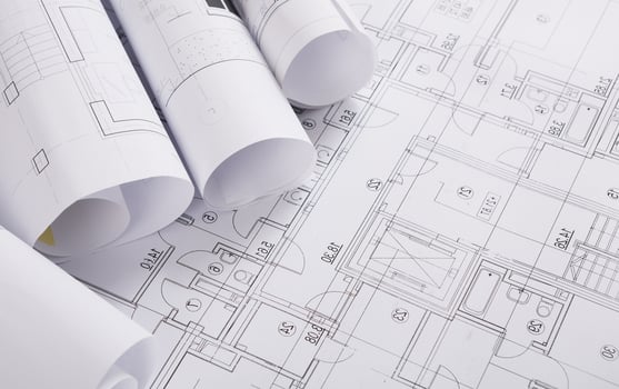 Plans of building. Architectural project background. Floor plan designed building on drawing, copy space photo